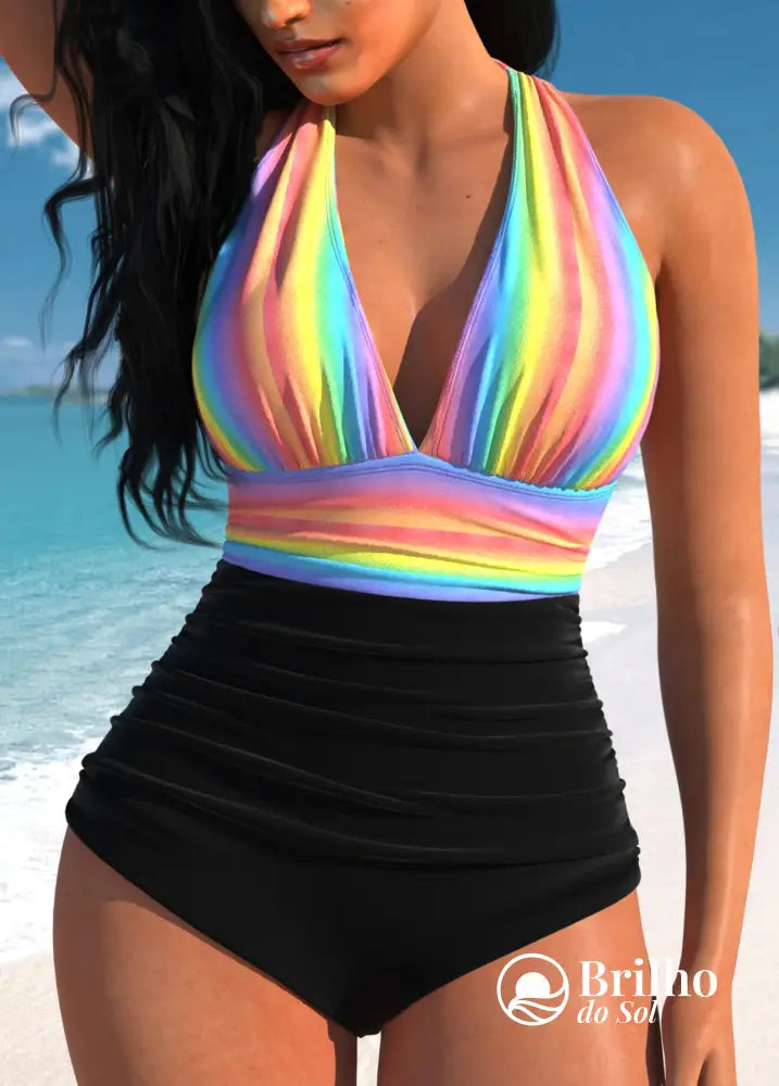 Maiô Cintura Alta Com Top Rainbow Halter Diferenciado Multicolorido / PP Maiô Cintura Alta Com Top Rainbow Halter