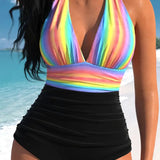 Maiô Cintura Alta Com Top Rainbow Halter Diferenciado