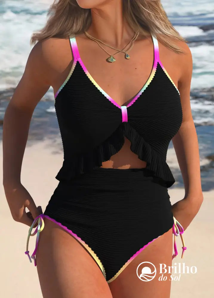 Maiô Com Babado E Detalhes Neon Em Estilo Moderno Preto / PP Maiô Com Babado E Detalhes Neon Em Estilo Moderno
