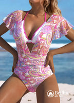 Maiô Decote Profundo Com Estampa Paisley Colorida Fashion Rosa Choque / PP Maiô Decote Profundo Com Estampa Paisley