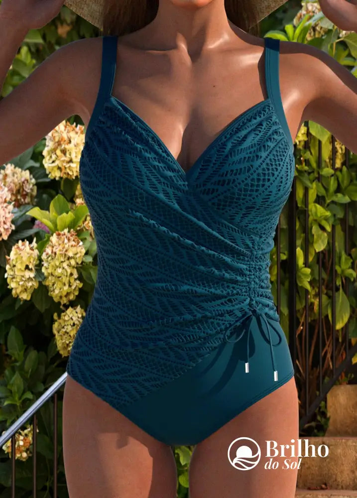 Maiô Elegante Com Renda Floral E Recorte Lateral Charmoso Azul Denim / PP Maiô Elegante Com Renda Floral E Recorte