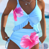 Maiô Floral Com Babado Frontal E Amarração Lateral