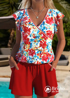 Maiô Floral Com Decote V Transpassado E Manga Babado Coral / PP Maiô Floral Com Decote V Transpassado E Manga Babado
