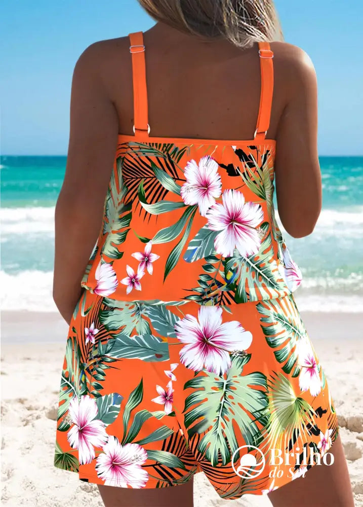 Maiô Floral Tropical Com Decote Nadador Moderno E Bolsos Maiô Floral Tropical Com Decote Nadador Moderno E Bolsos