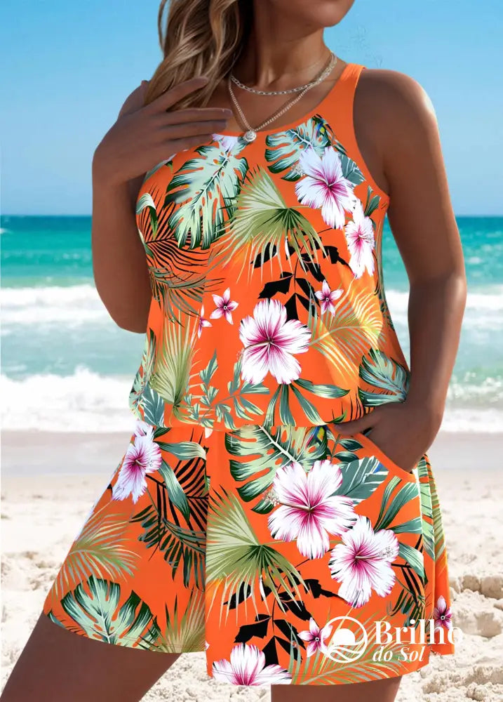 Maiô Floral Tropical Com Decote Nadador Moderno E Bolsos Laranja / PP Maiô Floral Tropical Com Decote Nadador Moderno E