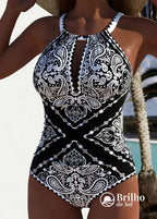 Maiô Halter Estampado Com Decote Vazado Estilo Moderno Maiô Halter Estampado Com Decote Vazado Estilo Moderno