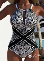 Maiô Halter Estampado Com Decote Vazado Estilo Moderno Preto e Branco / PP Maiô Halter Estampado Com Decote Vazado
