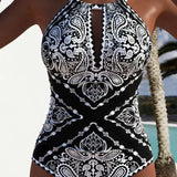 Maiô Halter Estampado Com Decote Vazado Estilo Moderno