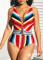 Maiô Listrado Com Decote Lace Up E Cintura Marcada Multicolorido / PP Maiô Listrado Com Decote Lace Up E Cintura Marcada