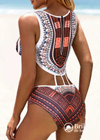 Maiô Tribal Com Recortes Laterais E Decote Alto Moderno Maiô Tribal Com Recortes Laterais E Decote Alto Moderno