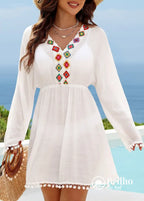 Saída De Praia Bordada Colorida Manga Longa Com Tassel Saída De Praia Bordada Colorida Manga Longa Com Tassel