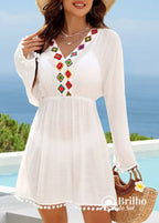 Saída De Praia Bordada Colorida Manga Longa Com Tassel Saída De Praia Bordada Colorida Manga Longa Com Tassel