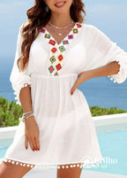 Saída De Praia Bordada Colorida Manga Longa Com Tassel Saída De Praia Bordada Colorida Manga Longa Com Tassel