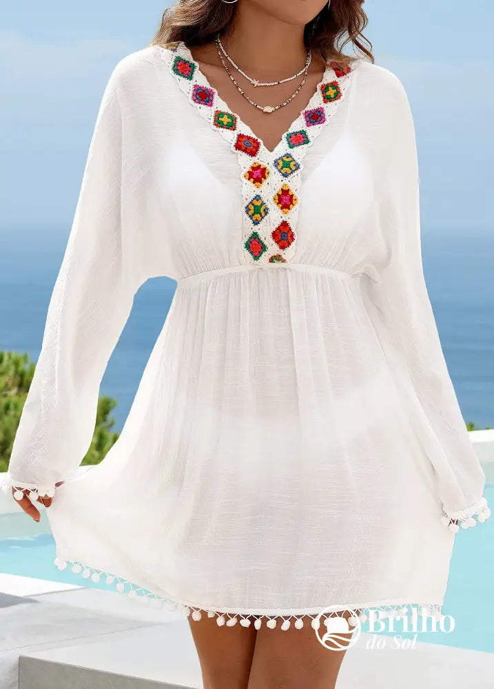 Saída De Praia Bordada Colorida Manga Longa Com Tassel Branco / PP Saída De Praia Bordada Colorida Manga Longa Com
