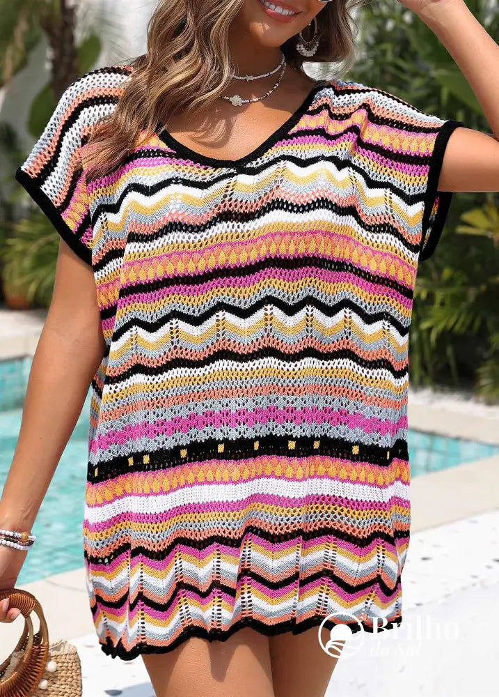 Saída De Praia Crochê Colorida Com Decote V Casual Saída De Praia Crochê Colorida Com Decote V Casual
