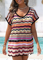 Saída De Praia Crochê Colorida Com Decote V Casual Multicolorido / PP Saída De Praia Crochê Colorida Com Decote V Casual