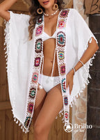 Saída De Praia Crochê Colorido Com Laço Frontal E Tassel Saída De Praia Crochê Colorido Com Laço Frontal E Tassel