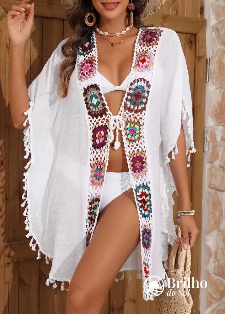 Saída De Praia Crochê Colorido Com Laço Frontal E Tassel Branco / PP Saída De Praia Crochê Colorido Com Laço Frontal E