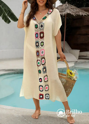 Saída De Praia Longa Crochê Colorido Com Fenda Lateral Saída De Praia Longa Crochê Colorido Com Fenda Lateral