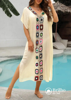 Saída De Praia Longa Crochê Colorido Com Fenda Lateral Saída De Praia Longa Crochê Colorido Com Fenda Lateral