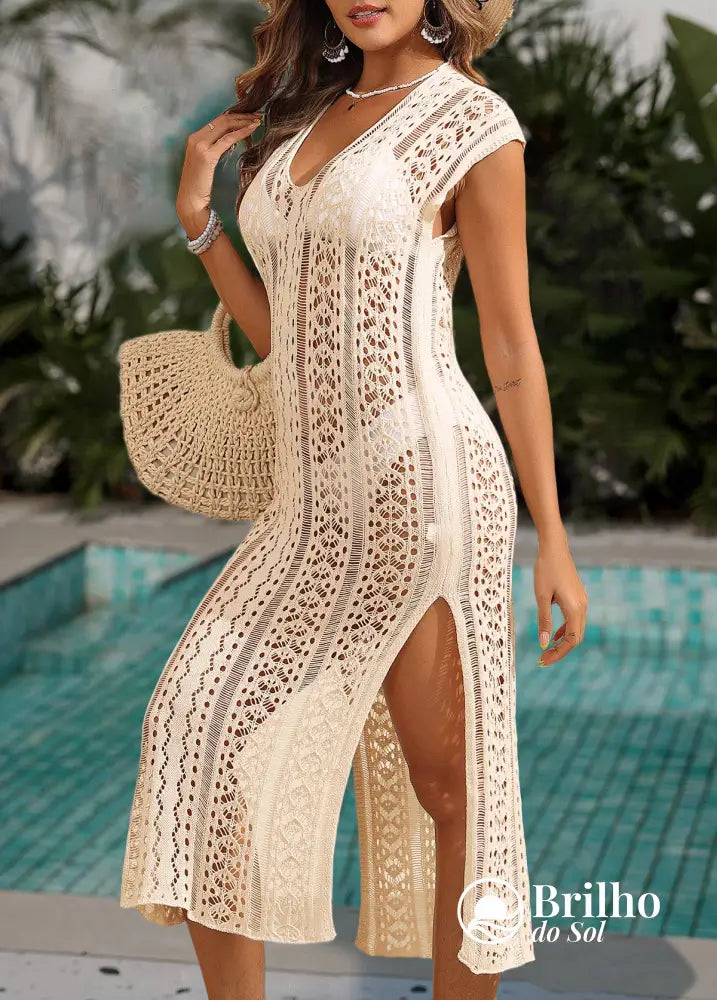 Saída De Praia Longa Rendada Com Fenda E Modelagem Justa Saída De Praia Longa Rendada Com Fenda E Modelagem Justa