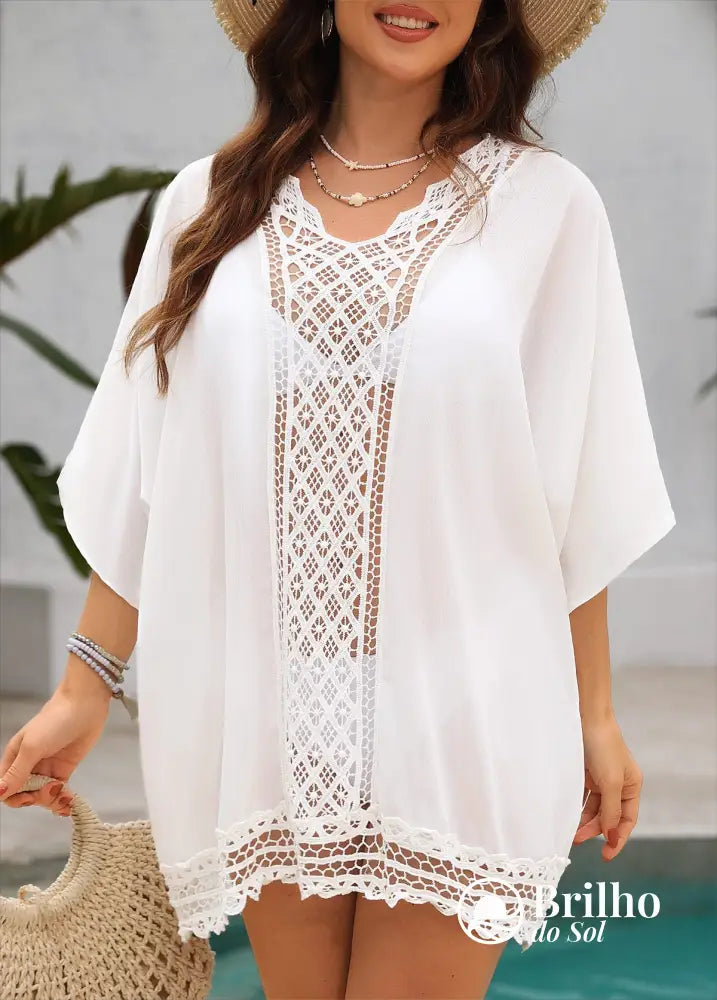 Saída De Praia Renda Vazada Com Barra Trabalhada Elegante Saída De Praia Renda Vazada Com Barra Trabalhada Elegante