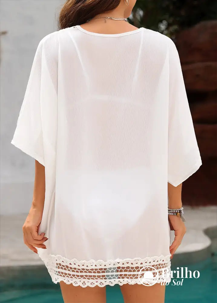 Saída De Praia Renda Vazada Com Barra Trabalhada Elegante Saída De Praia Renda Vazada Com Barra Trabalhada Elegante