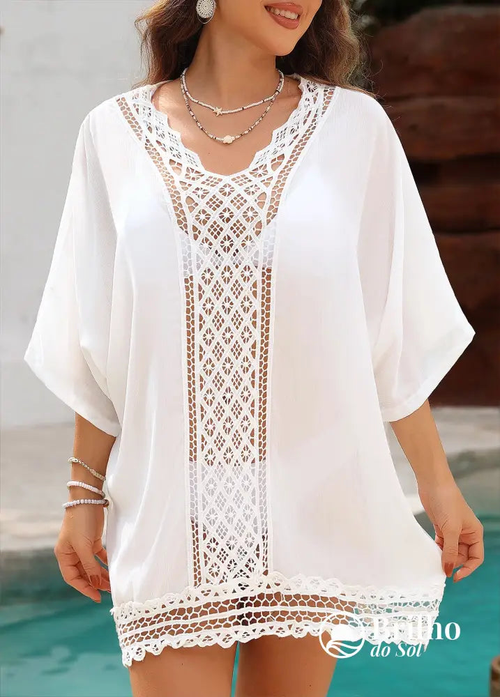 Saída De Praia Renda Vazada Com Barra Trabalhada Elegante Saída De Praia Renda Vazada Com Barra Trabalhada Elegante