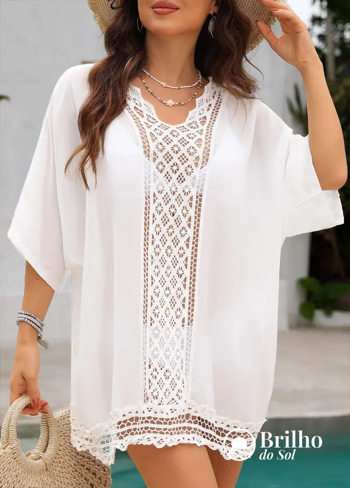 Saída De Praia Renda Vazada Com Barra Trabalhada Elegante Branco / PP Saída De Praia Renda Vazada Com Barra Trabalhada