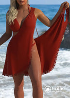 Saída De Praia Transpassada Com Fenda E Detalhe Tassel Vermelho Escuro / PP Saída De Praia Transpassada Com Fenda E