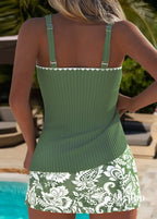 Tankini Canelado Com Alças Finas E Saia Floral Delicada Tankini Canelado Com Alças Finas E Saia Floral Delicada