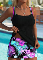 Tankini Canelado Com Alças Finas E Saia Floral Delicada Tankini Canelado Com Alças Finas E Saia Floral Delicada