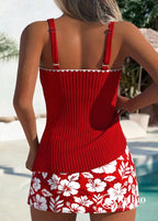 Tankini Canelado Com Alças Finas E Saia Floral Delicada Tankini Canelado Com Alças Finas E Saia Floral Delicada