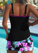 Tankini Canelado Com Alças Finas E Saia Floral Delicada Tankini Canelado Com Alças Finas E Saia Floral Delicada