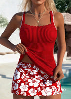 Tankini Canelado Com Alças Finas E Saia Floral Delicada Vermelho / PP Tankini Canelado Com Alças Finas E Saia Floral