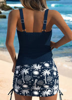 Tankini Canelado Com Alças Finas E Saia Tropical Ajustável Tankini Canelado Com Alças Finas E Saia Tropical Ajustável