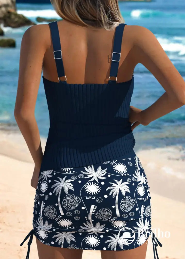 Tankini Canelado Com Alças Finas E Saia Tropical Ajustável Tankini Canelado Com Alças Finas E Saia Tropical Ajustável