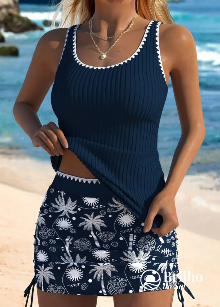 Tankini Canelado Com Alças Finas E Saia Tropical Ajustável Tankini Canelado Com Alças Finas E Saia Tropical Ajustável