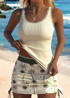 Tankini Canelado Com Alças Finas E Saia Tropical Ajustável Tankini Canelado Com Alças Finas E Saia Tropical Ajustável