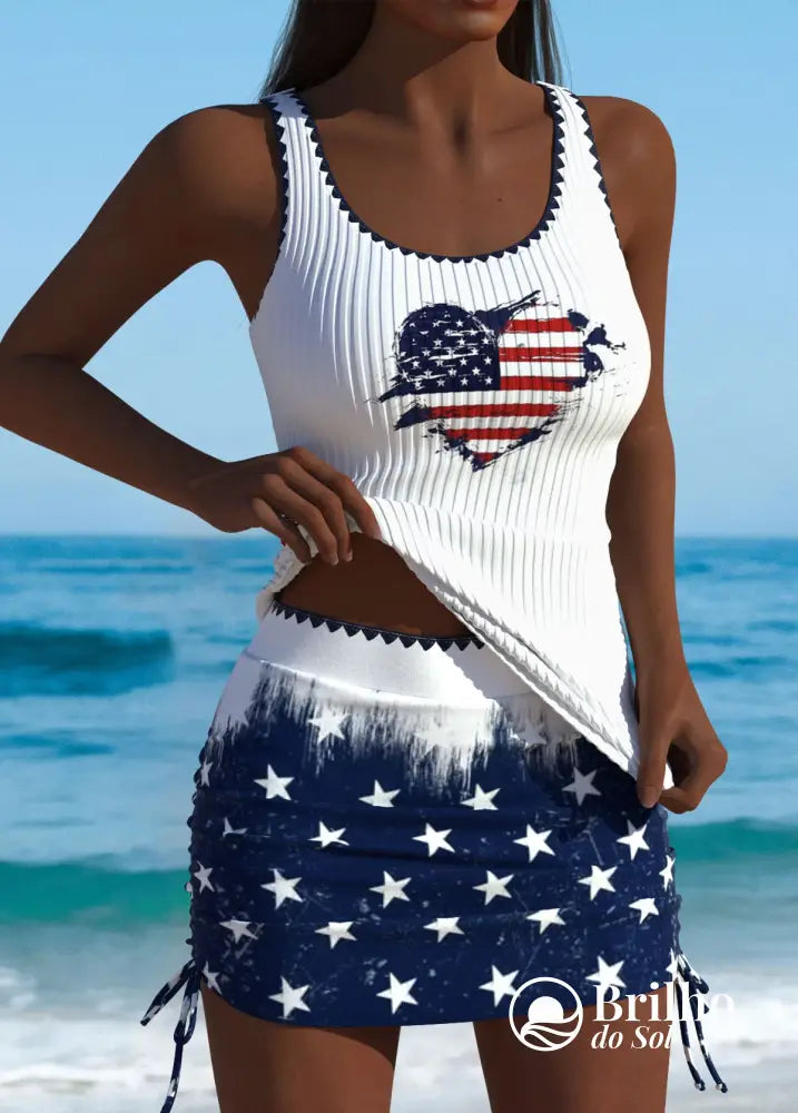 Tankini Canelado Com Alças Finas E Saia Tropical Ajustável Tankini Canelado Com Alças Finas E Saia Tropical Ajustável