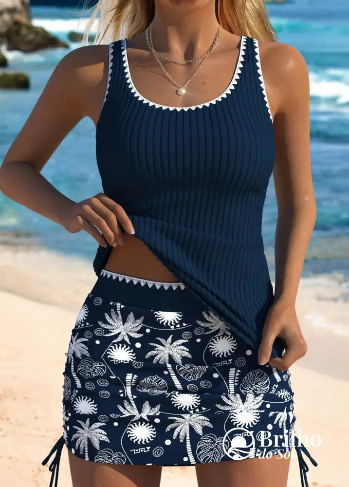 Tankini Canelado Com Alças Finas E Saia Tropical Ajustável Azul Marinho / PP Tankini Canelado Com Alças Finas E Saia