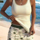 Tankini Canelado Com Alças Finas E Saia Tropical Ajustável