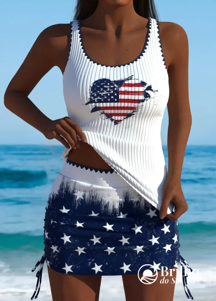 Tankini Canelado Com Alças Finas E Saia Tropical Ajustável Branco / PP Tankini Canelado Com Alças Finas E Saia Tropical