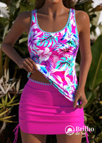 Tankini Canelado Com Alças Finas E Saia Tropical Ajustável Rosa / PP Tankini Canelado Com Alças Finas E Saia Tropical