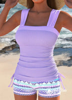 Tankini Canelado Com Alças Largas E Short Estampado Confortável Tankini Canelado Com Alças Largas E Short Estampado