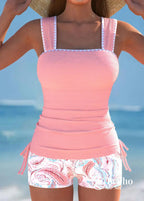 Tankini Canelado Com Alças Largas E Short Estampado Confortável Rosa / PP Tankini Canelado Com Alças Largas E Short