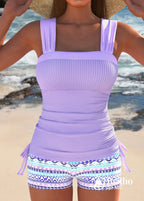 Tankini Canelado Com Alças Largas E Short Estampado Confortável Roxo / PP Tankini Canelado Com Alças Largas E Short