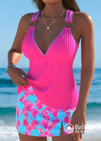Tankini Canelado Com Argolas Nas Alças E Saia Estampada Moderna Tankini Canelado Com Argolas Nas Alças E Saia Estampada