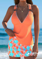 Tankini Canelado Com Argolas Nas Alças E Saia Estampada Moderna Laranja / PP Tankini Canelado Com Argolas Nas Alças E