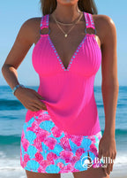 Tankini Canelado Com Argolas Nas Alças E Saia Estampada Moderna Rosa Choque / PP Tankini Canelado Com Argolas Nas Alças